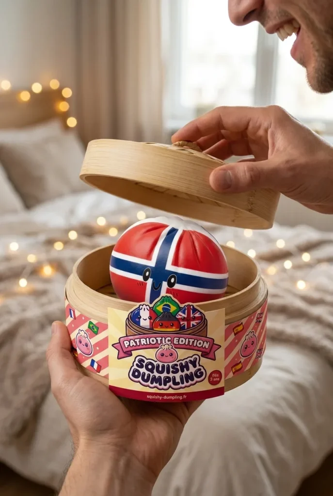 Flag Squishy Dumpling Norwegia z Koszykiem Bambusowym podczas rozpakowywania