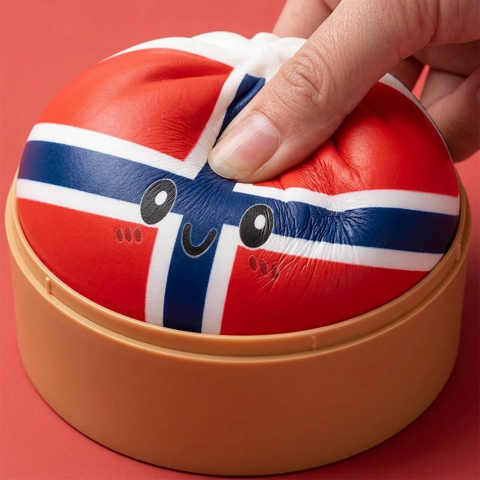 Flag Squishy Dumpling Norwegia z Koszykiem Bambusowym efekt slow-rise w akcji