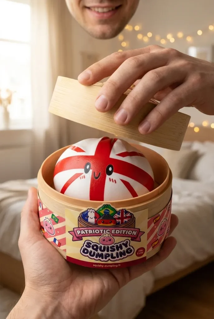 Flag Squishy Toy Dumpling Wielka Brytania podczas rozpakowywania