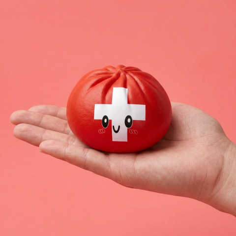 Flag Squishy Toy Szwajcaria Dumpling w dłoni — porównanie rozmiaru