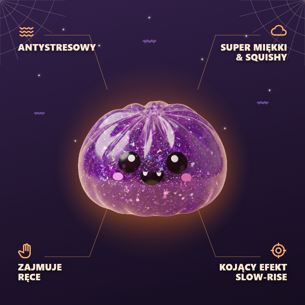 Squishy Dumpling Vampire Halloween Glitter Fiolet infografika: najważniejsze zalety