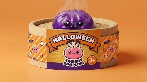 Squishy Dumpling Vampire Halloween Glitter Fiolet w bambusowym koszyku