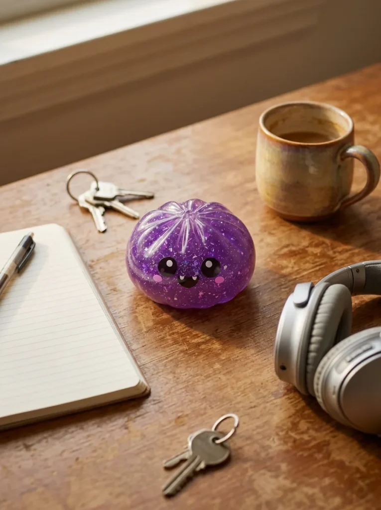 Squishy Dumpling Vampire Halloween Glitter Fiolet na biurku