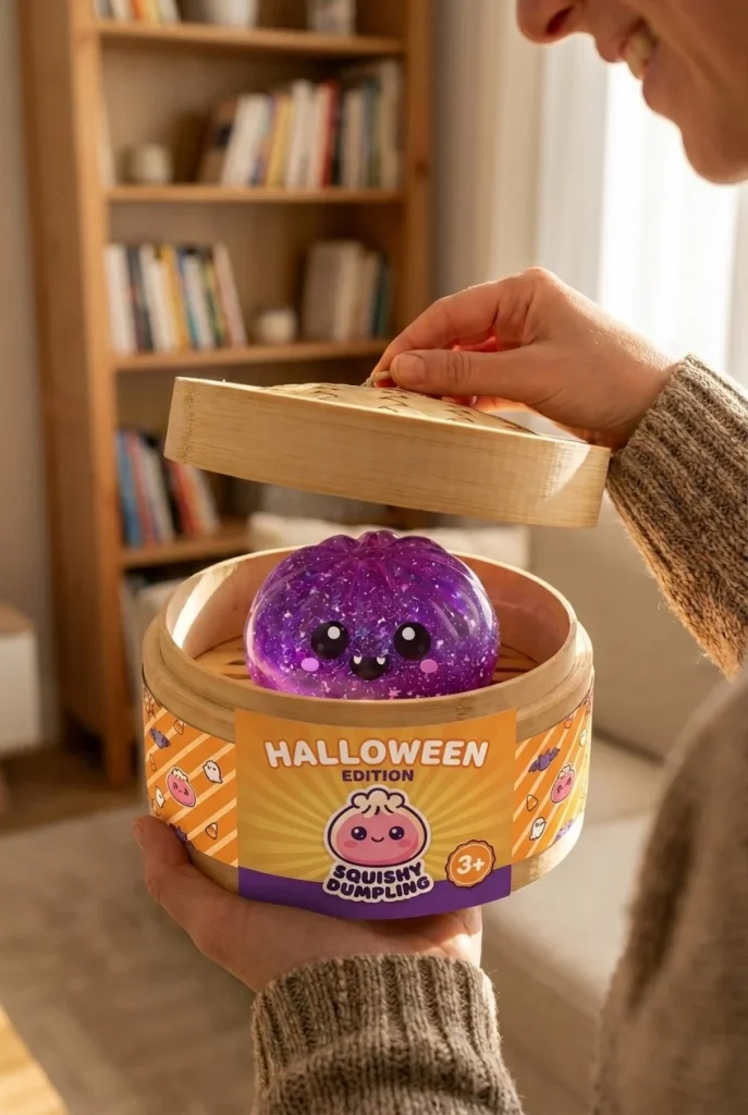 Squishy Dumpling Vampire Halloween Glitter Fiolet podczas rozpakowywania