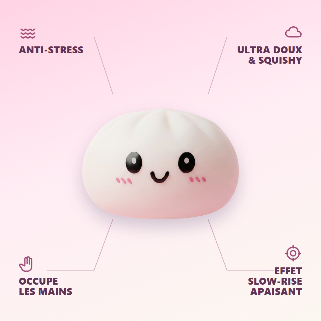 Dumpling Squishy Śnieżnobiały infografika: najważniejsze zalety