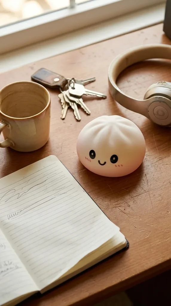 Dumpling Squishy Śnieżnobiały na biurku