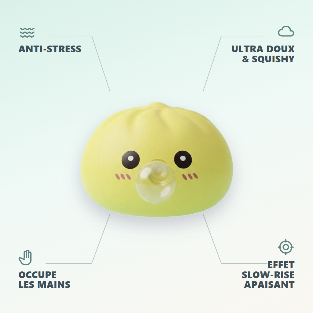 Jumbo Dumpling Squishy Żółty XXL infografika: najważniejsze zalety