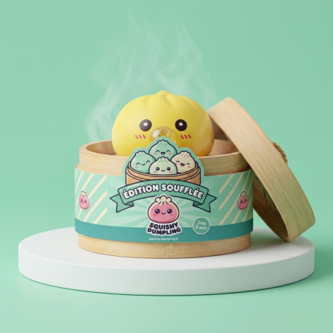 Jumbo Dumpling Squishy Żółty XXL w bambusowym koszyku
