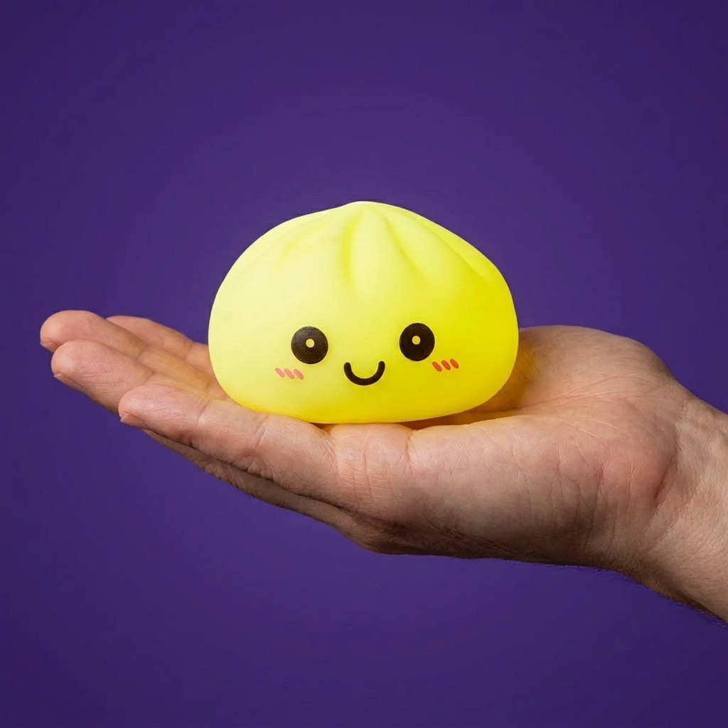 Dumpling Squishy Lampka Nocna Słoneczny Żółty w dłoni — porównanie rozmiaru