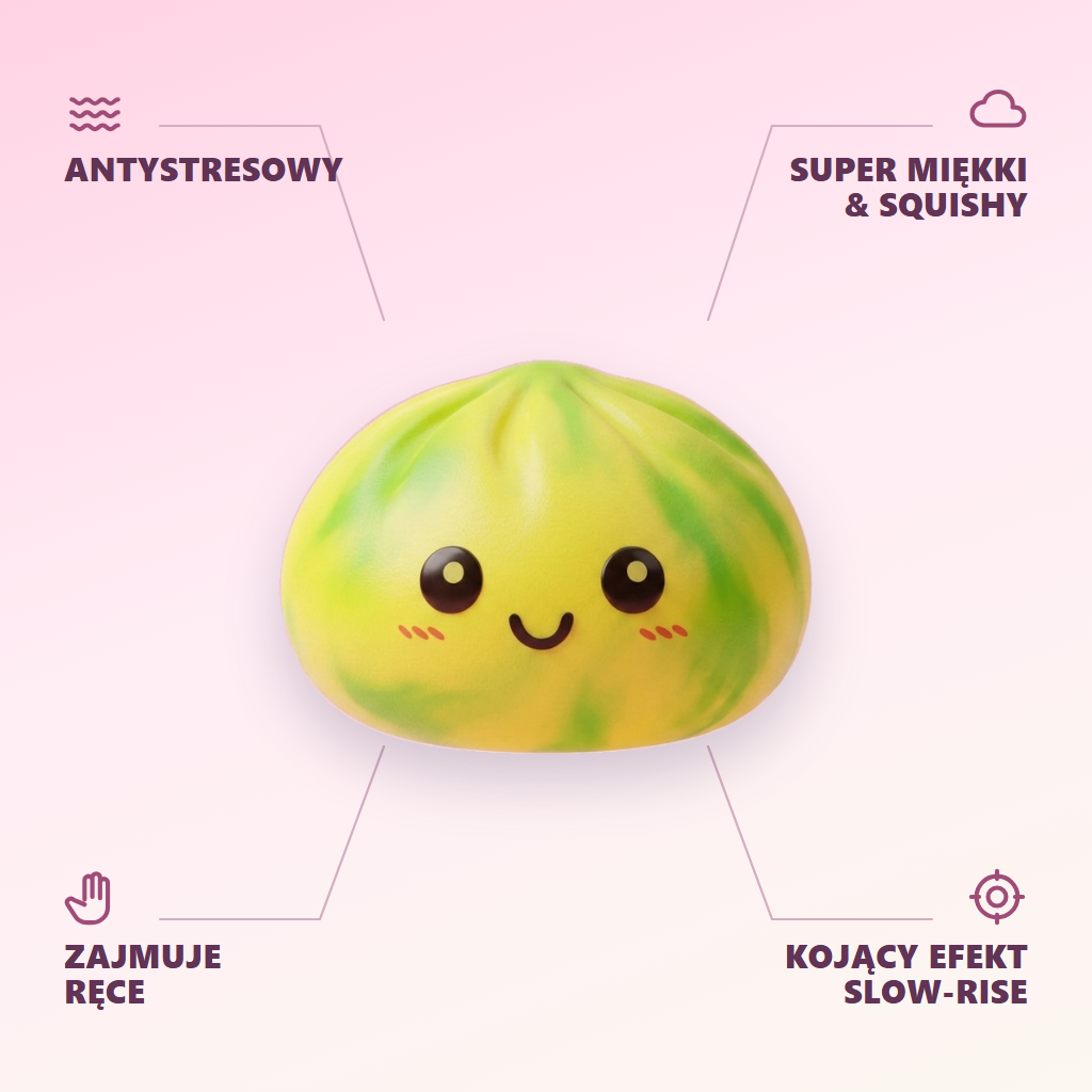 Squishy Dumpling Tie Dye Żółty Cytrynowy infografika: najważniejsze zalety