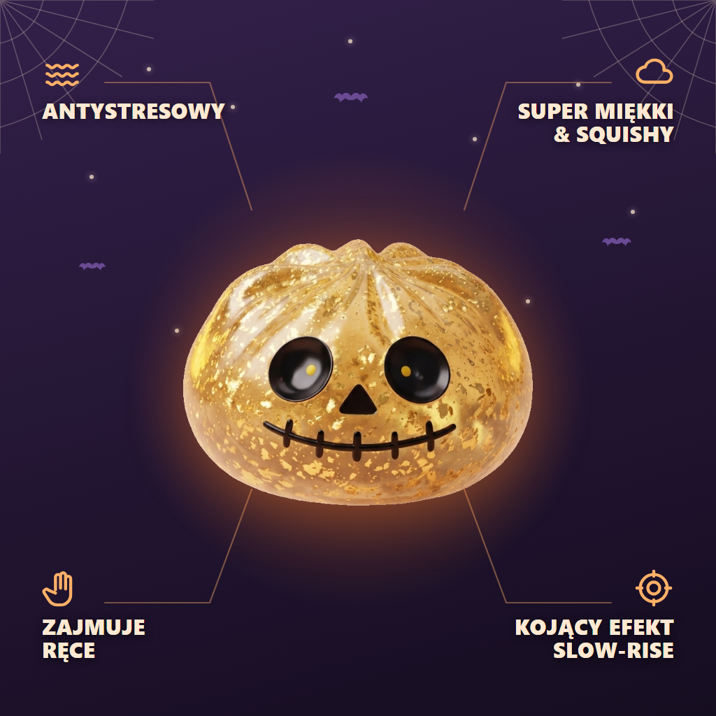 Dumpling Squishy Zombie Halloween Glitter Złoty infografika: najważniejsze zalety