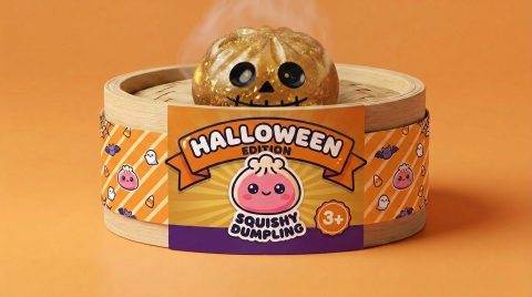 Dumpling Squishy Zombie Halloween Glitter Złoty w bambusowym koszyku