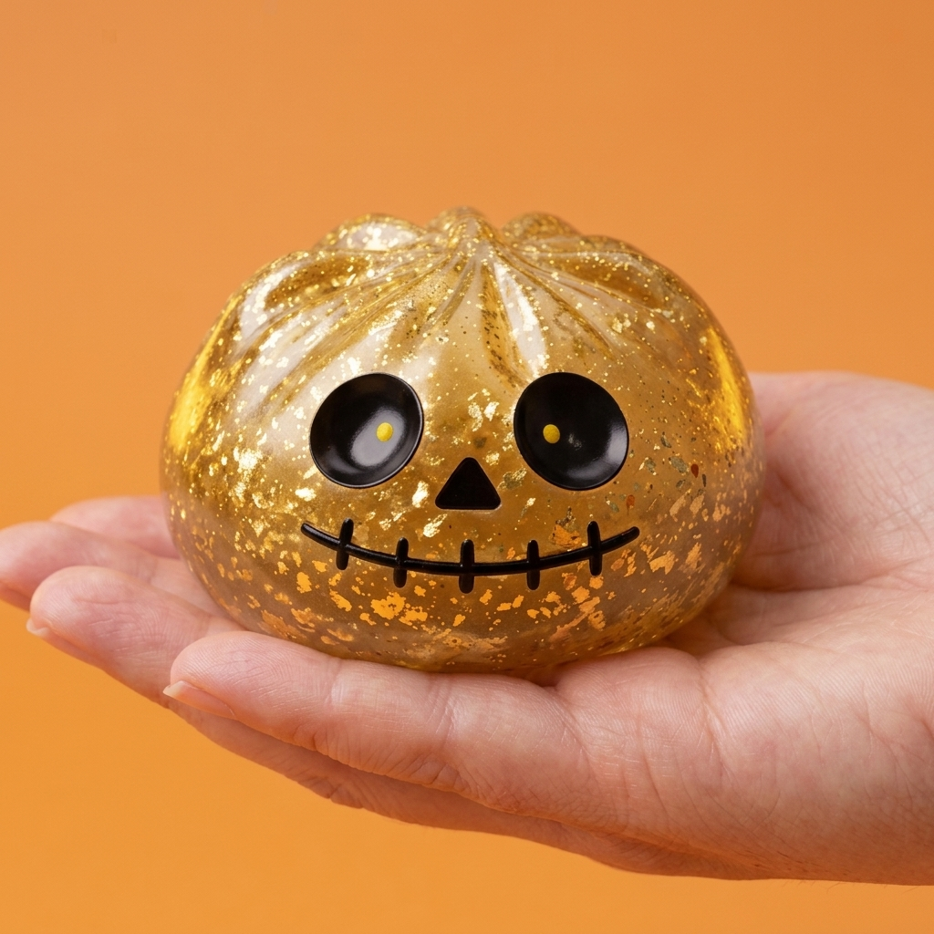 Dumpling Squishy Zombie Halloween Glitter Złoty w dłoni — porównanie rozmiaru
