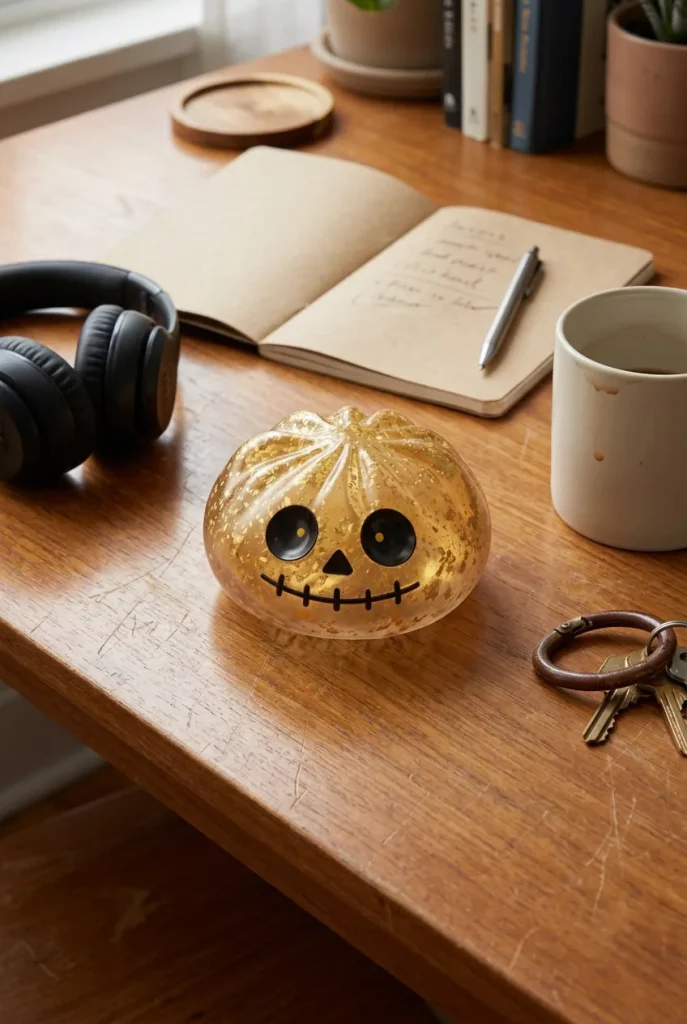 Dumpling Squishy Zombie Halloween Glitter Złoty na biurku