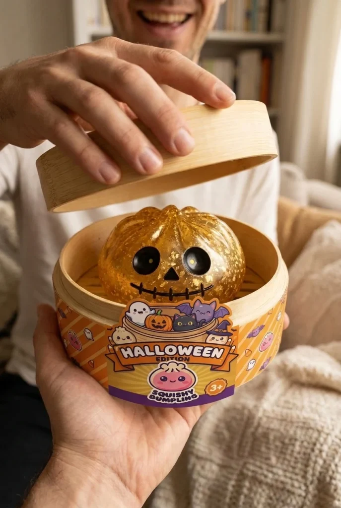 Dumpling Squishy Zombie Halloween Glitter Złoty podczas rozpakowywania