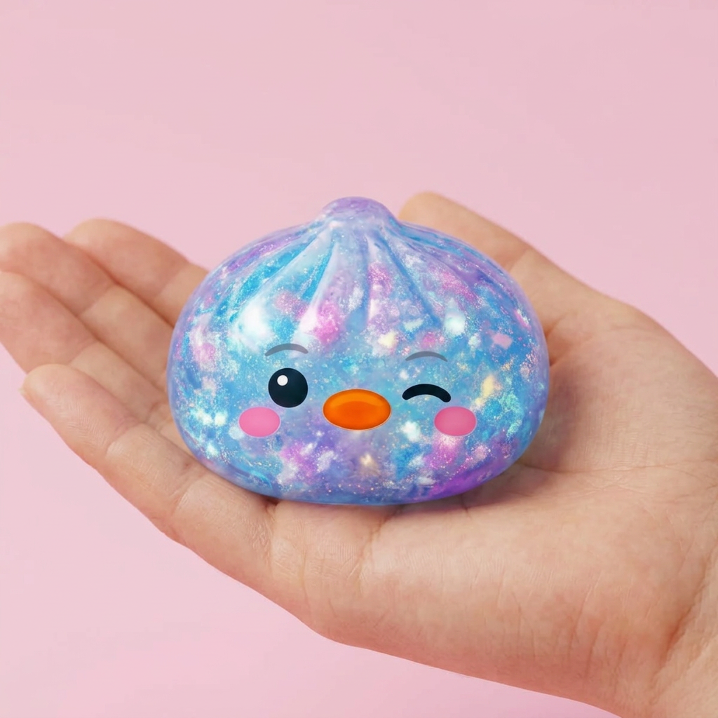 Squishy Dumpling Pingwin Niebieski Galaxy w dłoni — porównanie rozmiaru