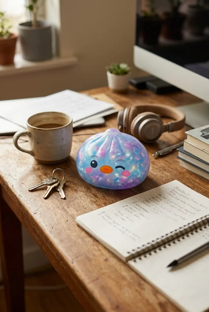 Squishy Dumpling Pingwin Niebieski Galaxy na biurku