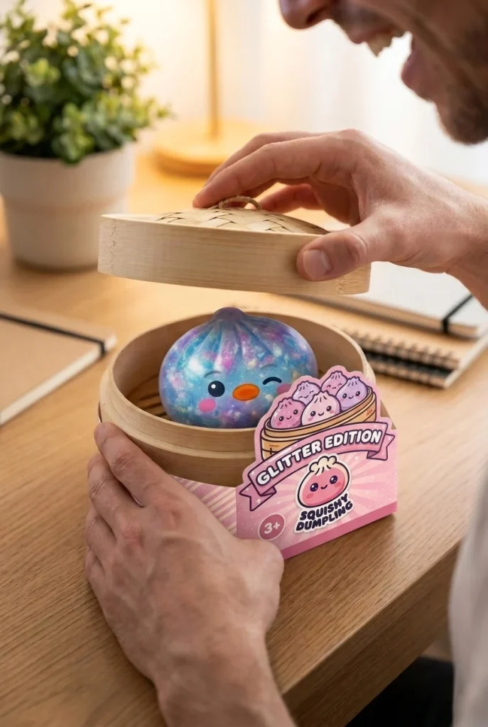 Squishy Dumpling Pingwin Niebieski Galaxy podczas rozpakowywania