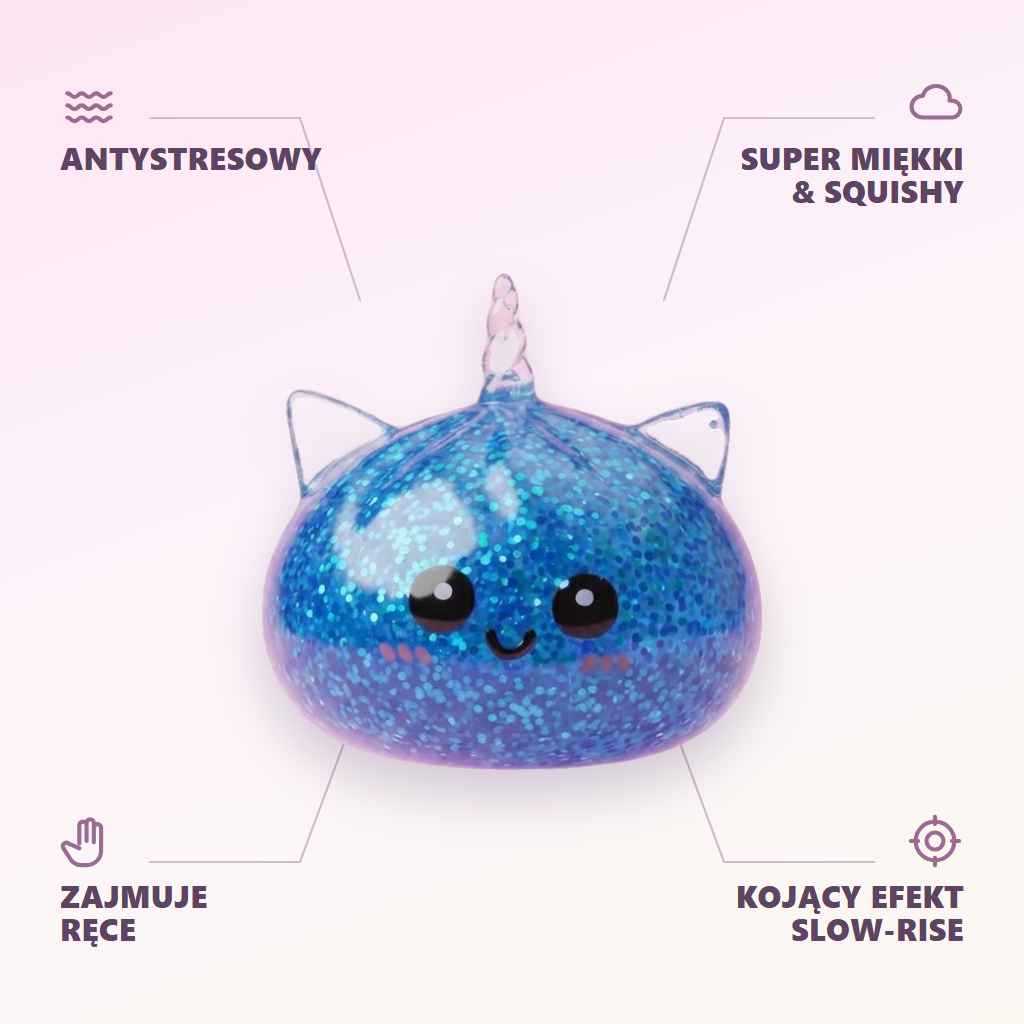 Dumpling Squishy Jednorożec Glitter Niebieski infografika: najważniejsze zalety