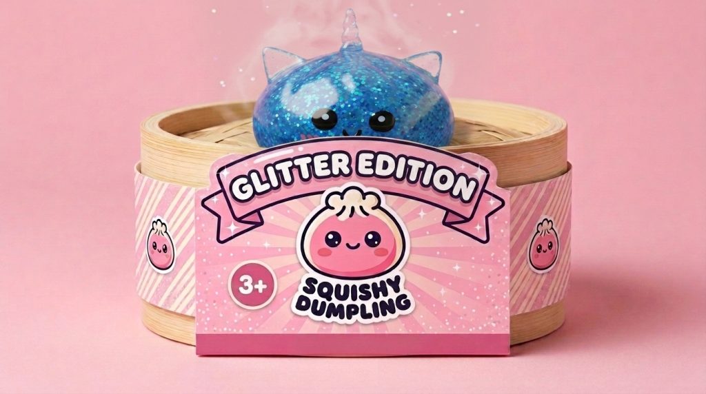 Dumpling Squishy Jednorożec Glitter Niebieski w bambusowym koszyku