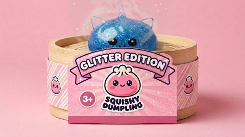 Dumpling Squishy Jednorożec Glitter Niebieski w bambusowym koszyku
