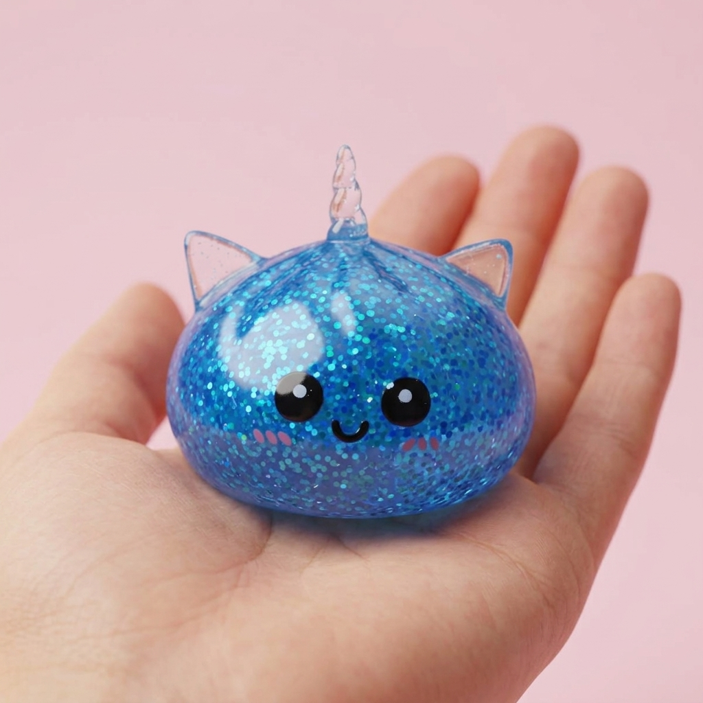 Dumpling Squishy Jednorożec Glitter Niebieski w dłoni — porównanie rozmiaru
