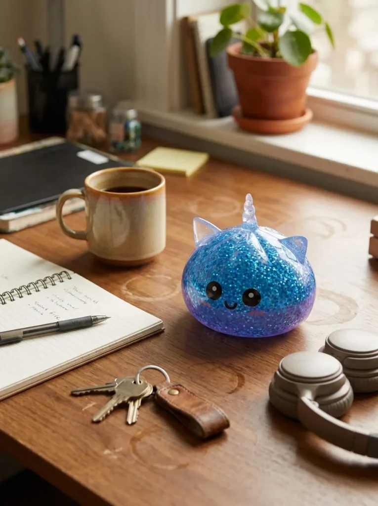 Dumpling Squishy Jednorożec Glitter Niebieski na biurku