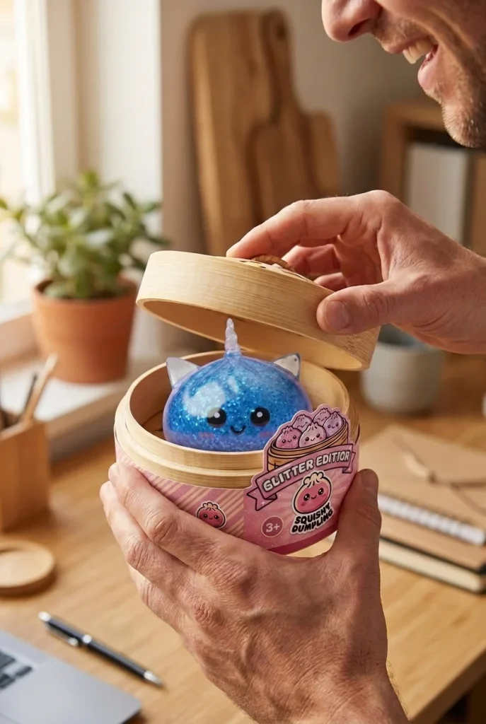 Dumpling Squishy Jednorożec Glitter Niebieski podczas rozpakowywania