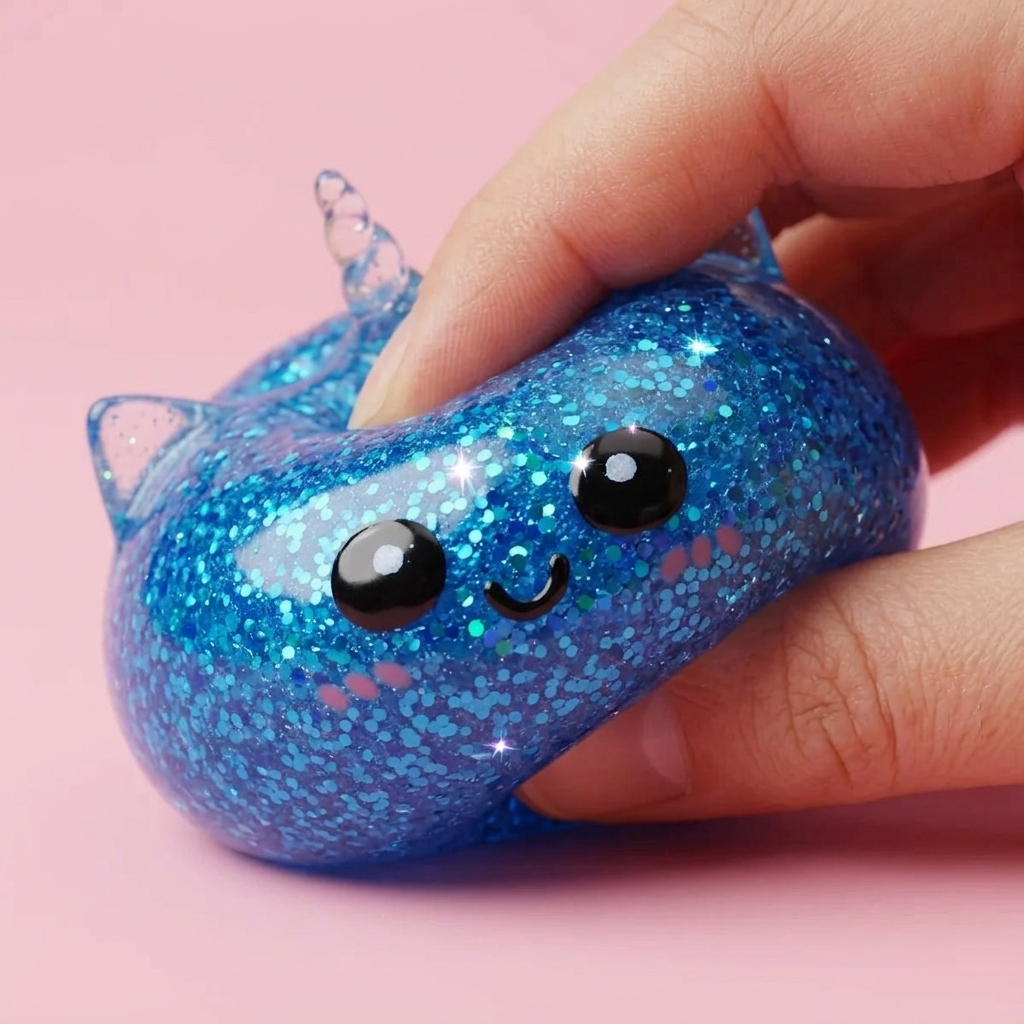 Dumpling Squishy Jednorożec Glitter Niebieski efekt slow-rise w akcji