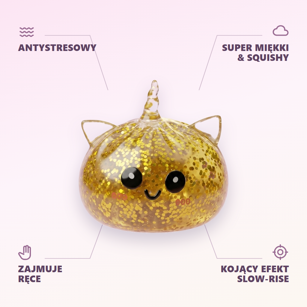 Dumpling Squishy Jednorożec Glitter Złoty infografika: najważniejsze zalety