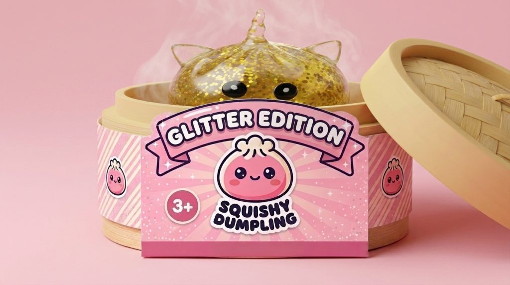 Dumpling Squishy Jednorożec Glitter Złoty w bambusowym koszyku