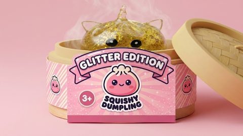Dumpling Squishy Jednorożec Glitter Złoty w bambusowym koszyku