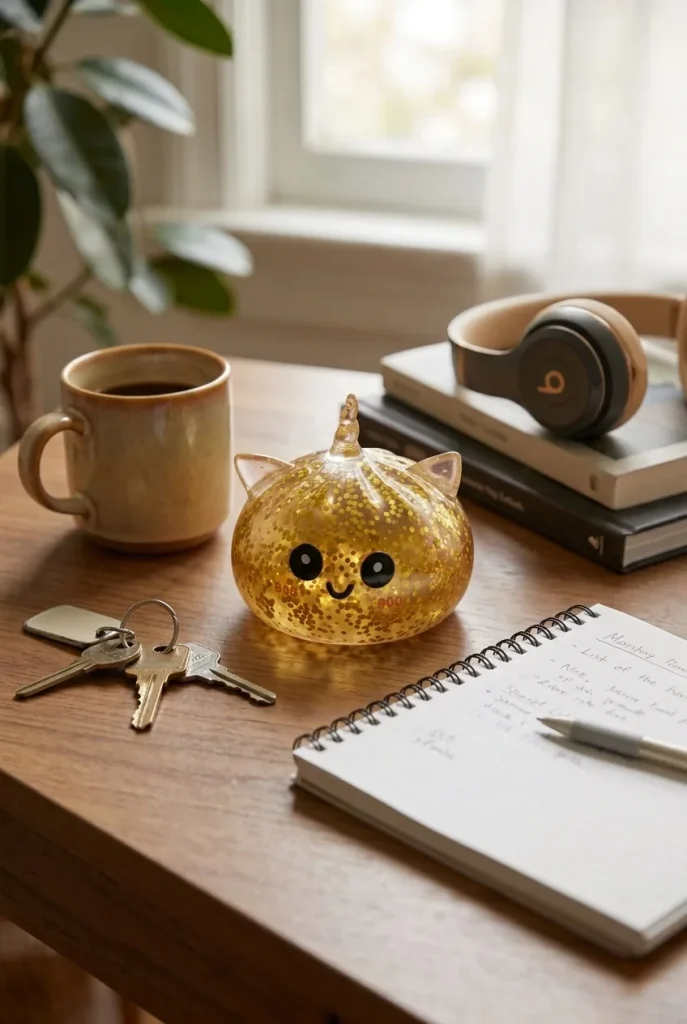 Dumpling Squishy Jednorożec Glitter Złoty na biurku