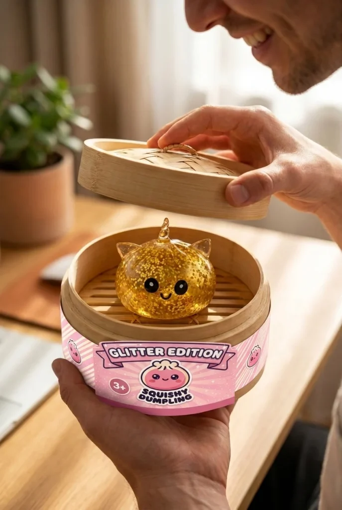 Dumpling Squishy Jednorożec Glitter Złoty podczas rozpakowywania
