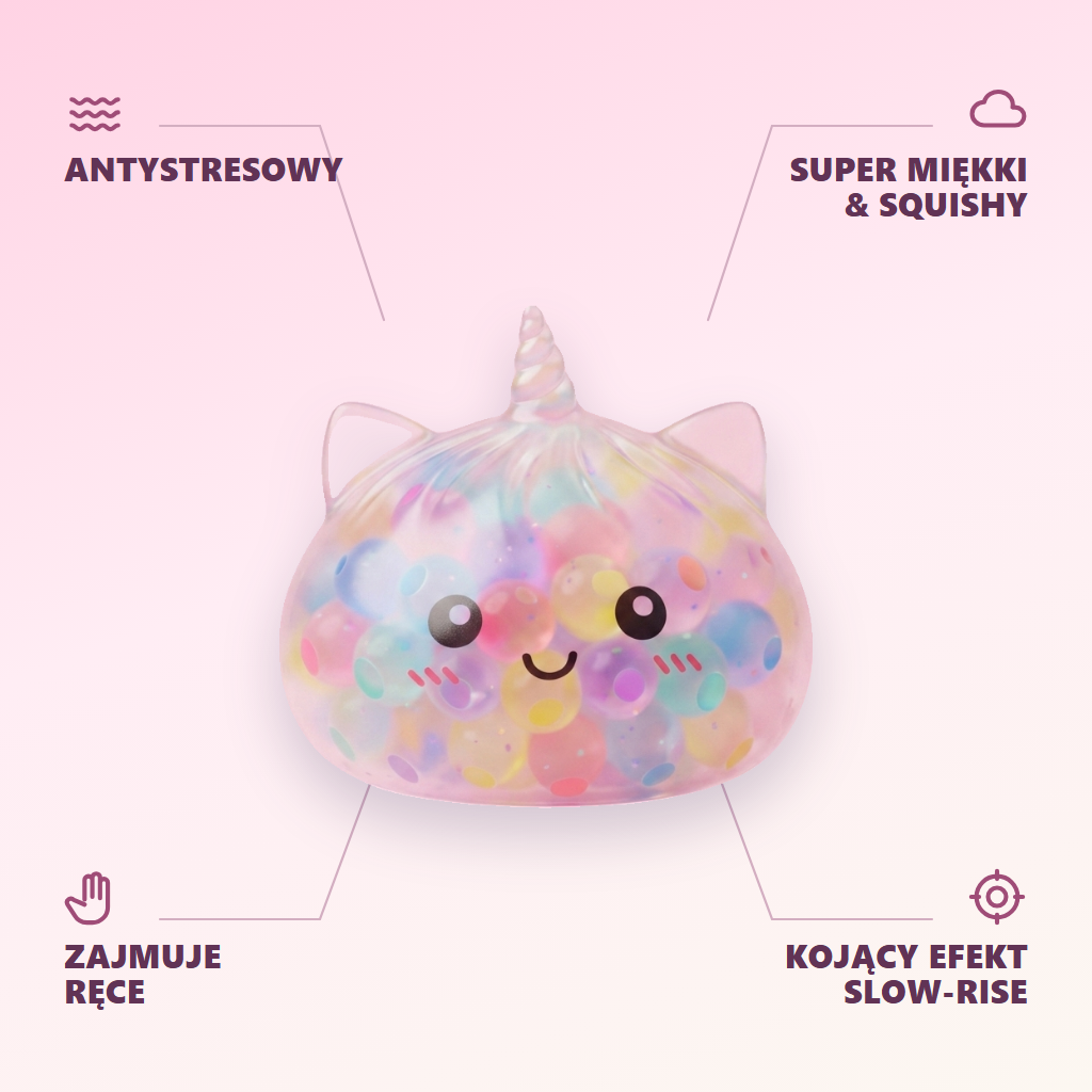 Squishy Dumpling Bubble Jednorożec Pastel infografika: najważniejsze zalety