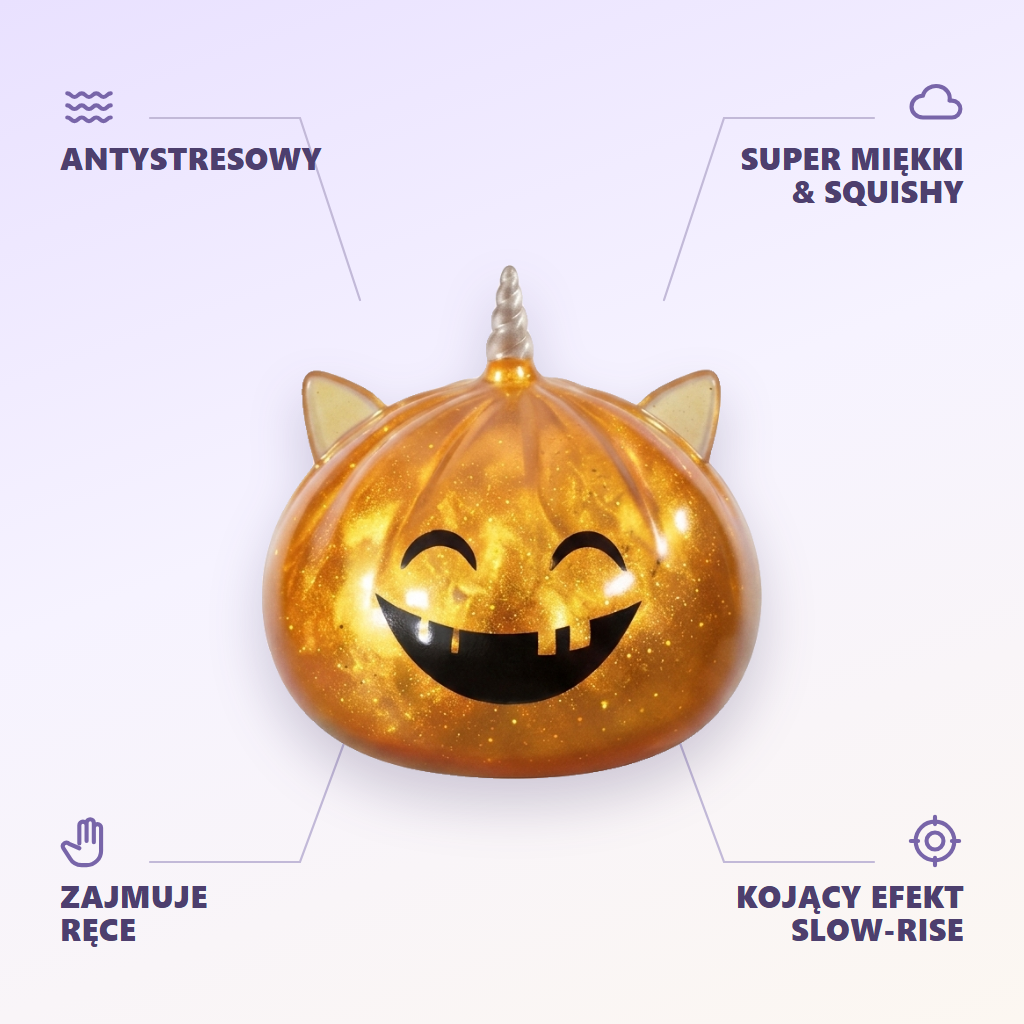 Dumpling Squishy Mystery Halloween Rogaty Jednorożec infografika: najważniejsze zalety