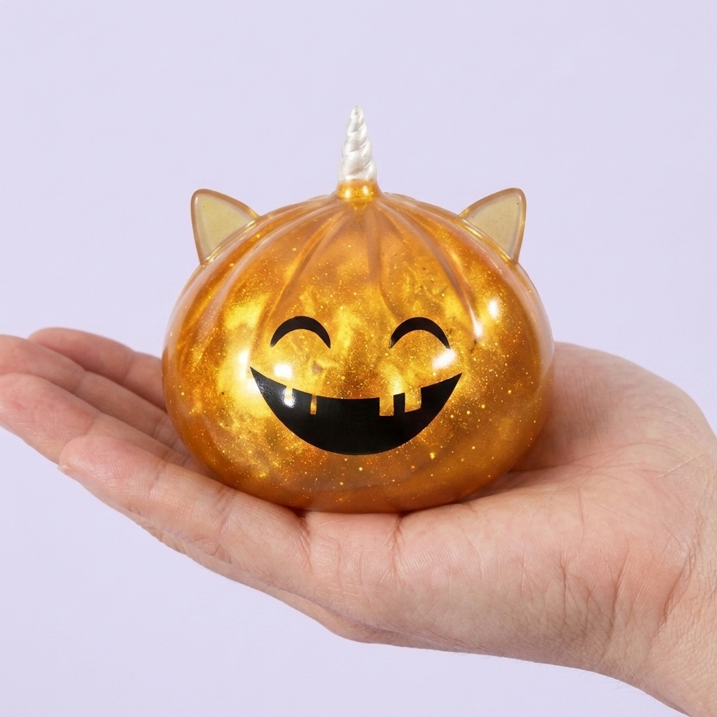 Dumpling Squishy Mystery Halloween Rogaty Jednorożec w dłoni — porównanie rozmiaru