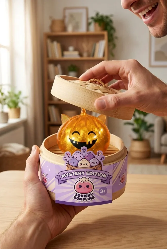 Dumpling Squishy Mystery Halloween Rogaty Jednorożec podczas rozpakowywania