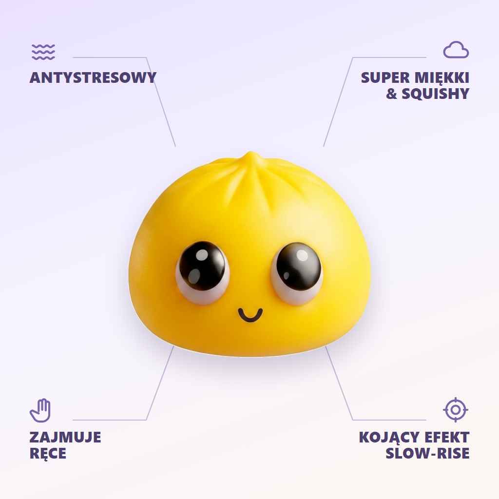 Dumpling Squishy Mystery Pop Wielkie Oczy infografika: najważniejsze zalety