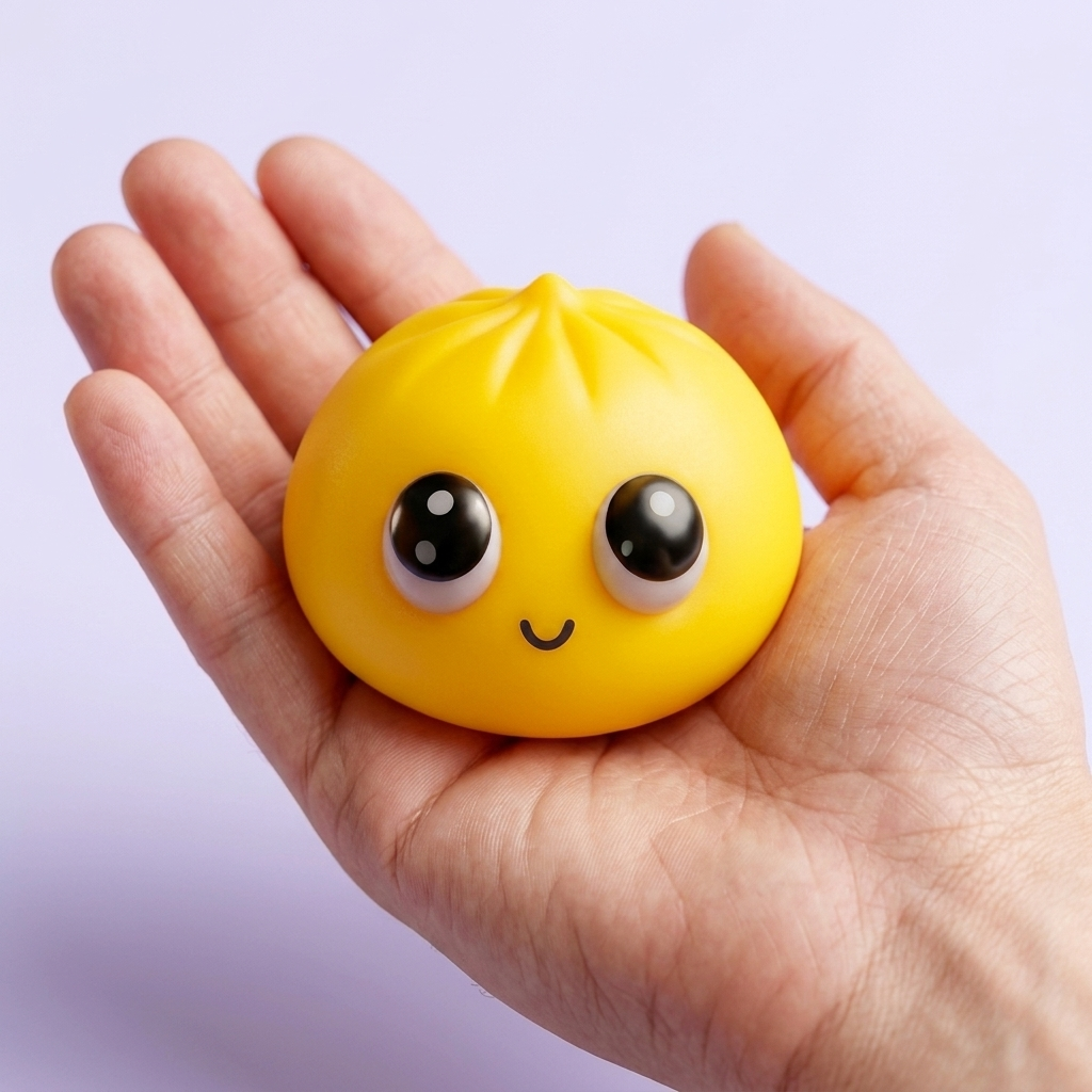 Dumpling Squishy Mystery Pop Wielkie Oczy w dłoni — porównanie rozmiaru