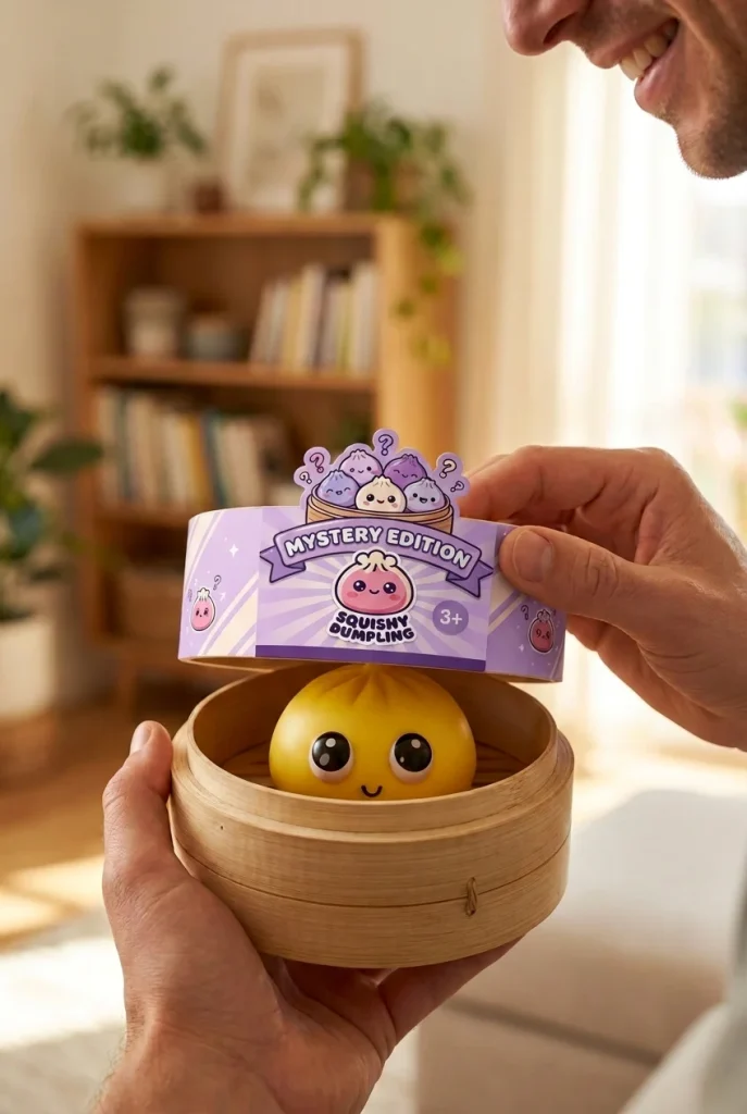 Dumpling Squishy Mystery Pop Wielkie Oczy podczas rozpakowywania