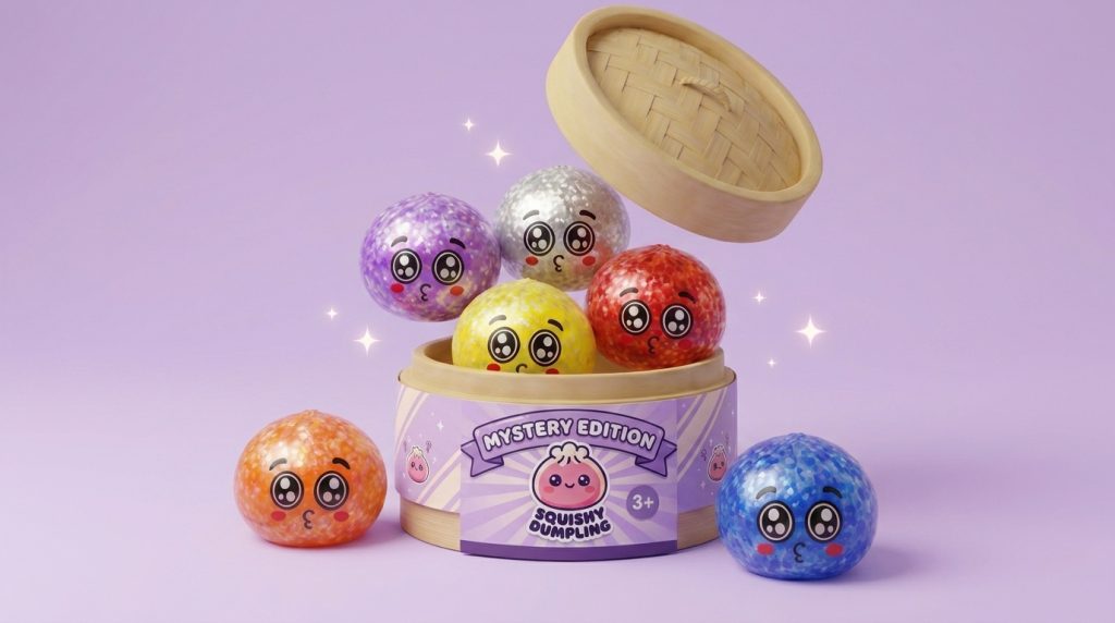 Squishy Dumpling Mystery Puppy Eyed w Koszyczku ściskany w dłoni