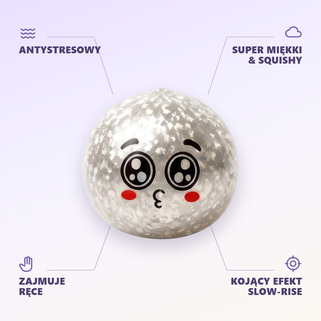 Squishy Dumpling Mystery Puppy Eyed w Koszyczku infografika: najważniejsze zalety