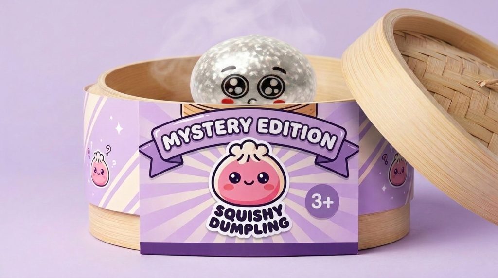 Squishy Dumpling Mystery Puppy Eyed w Koszyczku w bambusowym koszyku