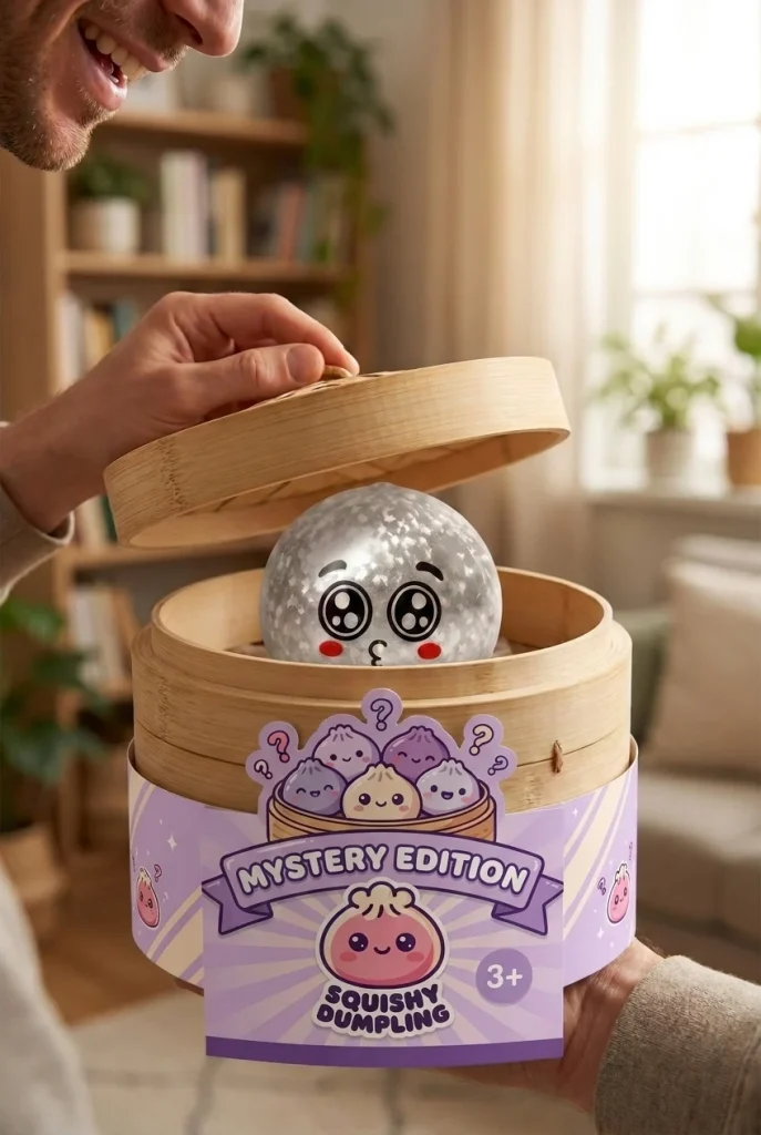 Squishy Dumpling Mystery Puppy Eyed w Koszyczku podczas rozpakowywania
