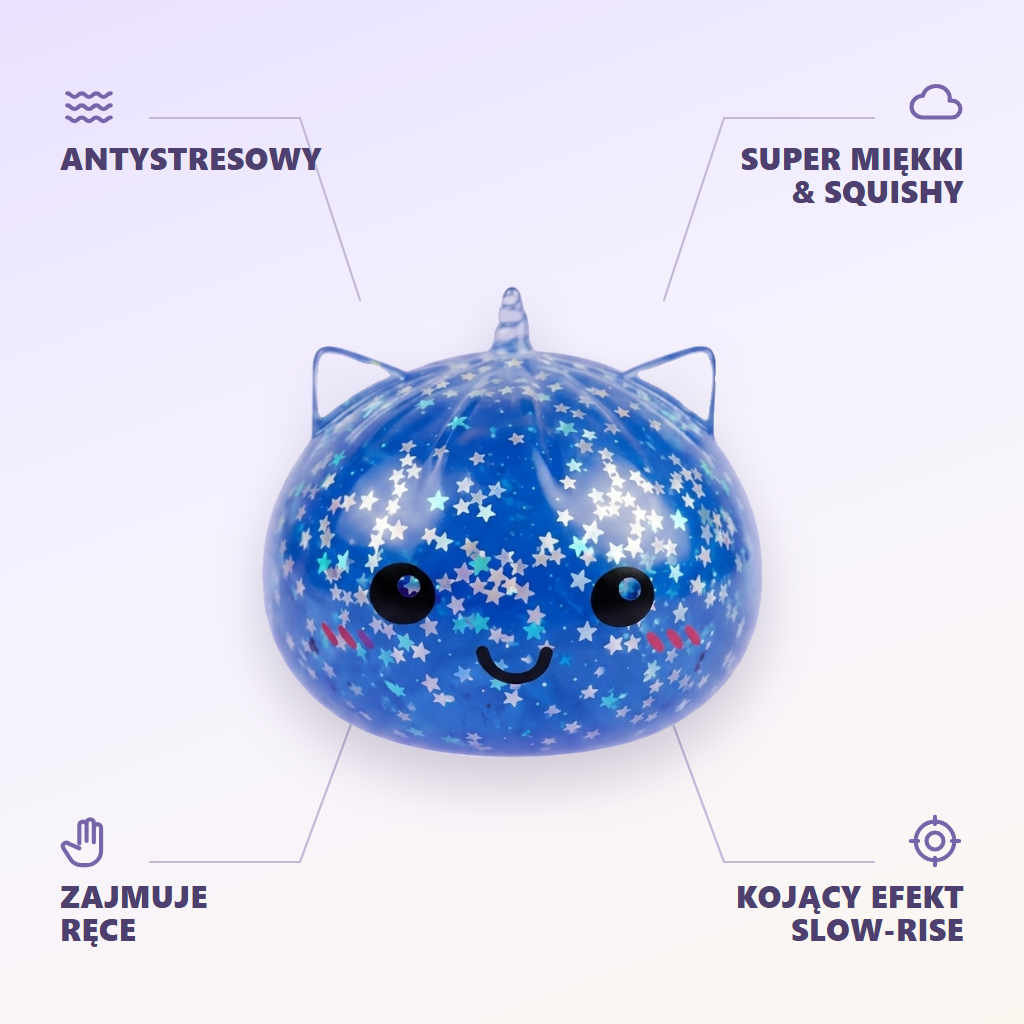 Squishy Dumpling Jednorożec Mystery Glitter infografika: najważniejsze zalety