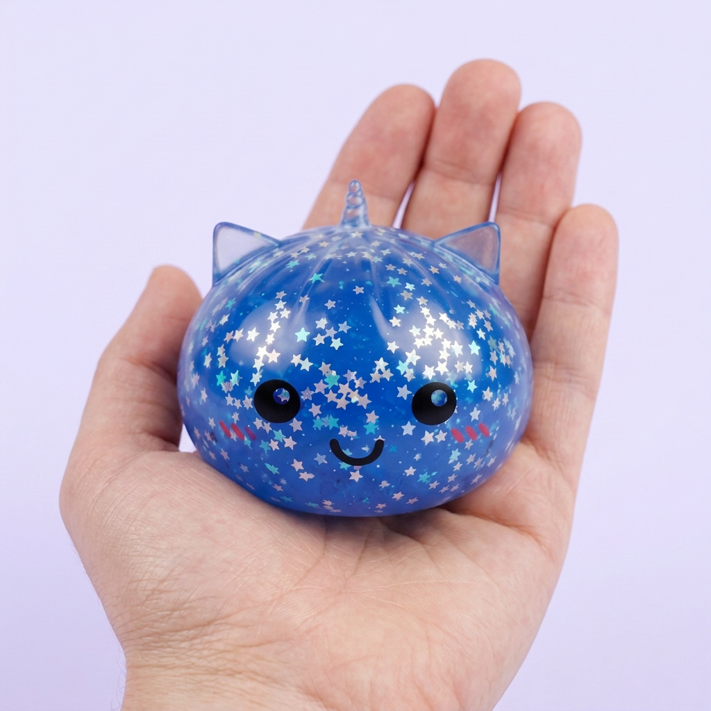 Squishy Dumpling Jednorożec Mystery Glitter w dłoni — porównanie rozmiaru