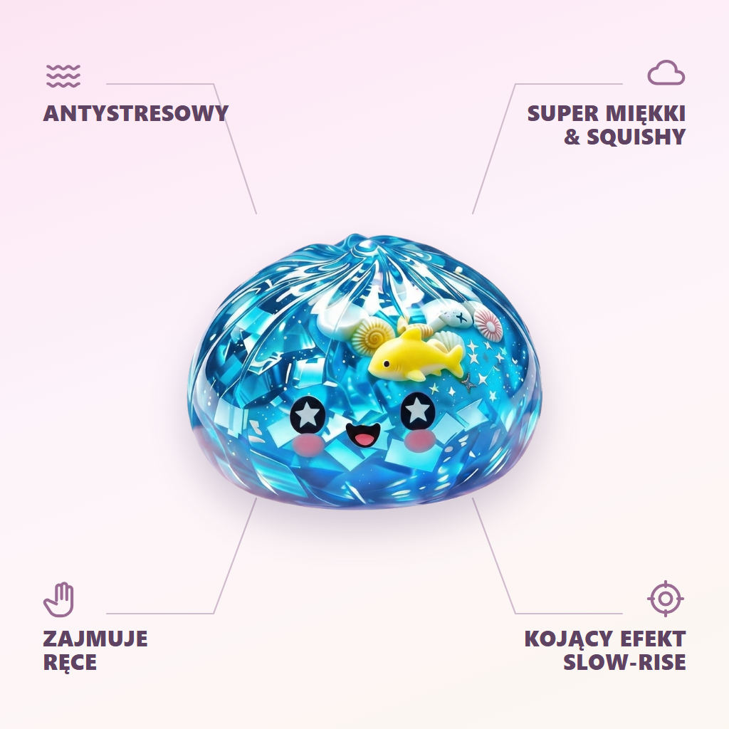 Squishy Dumpling Glitter Ocean Rafa Koralowa infografika: najważniejsze zalety