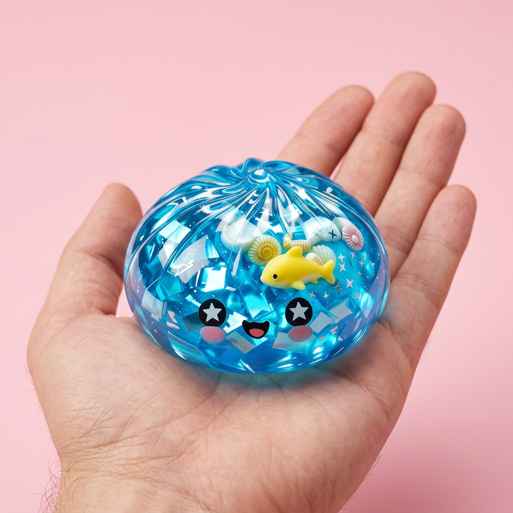 Squishy Dumpling Glitter Ocean Rafa Koralowa w dłoni — porównanie rozmiaru