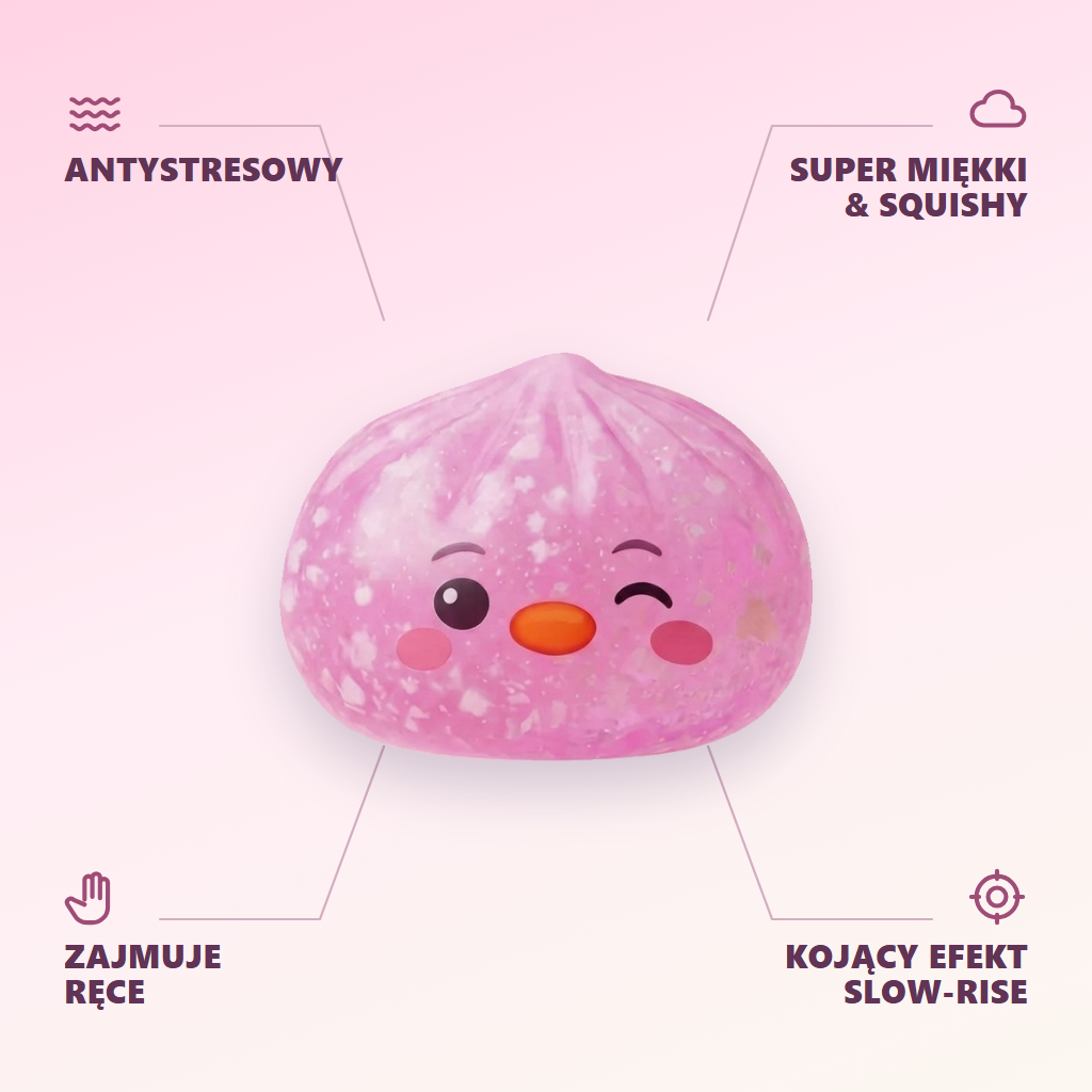 Squishy Dumpling Pingwin Cukierkowy Róż infografika: najważniejsze zalety